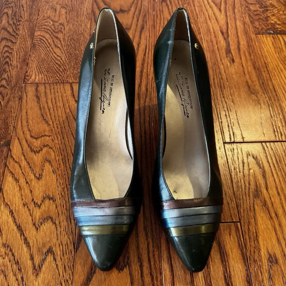 VTG Etienne Aigner Womens 8N Pumps Green Metallic Stripe Made in Spain‎ Damage